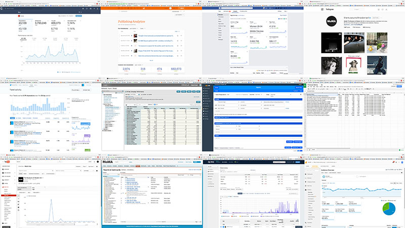 Grid of 12 screenshots of various dashboards and data sources.