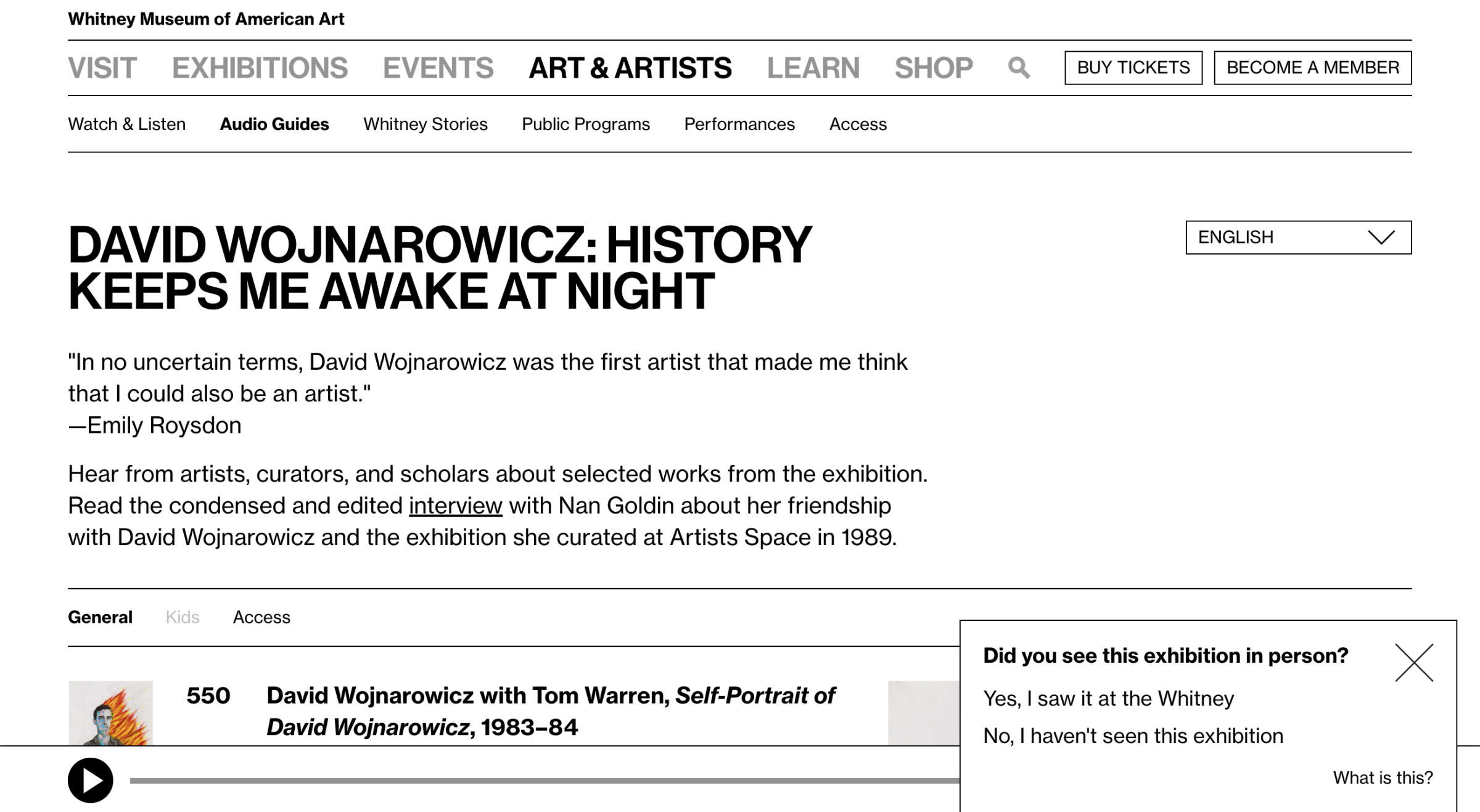 Screenshot of an audio guide webpage for Wojnarowicz with a popup in the bottom right asking if you saw this exhibition in person.