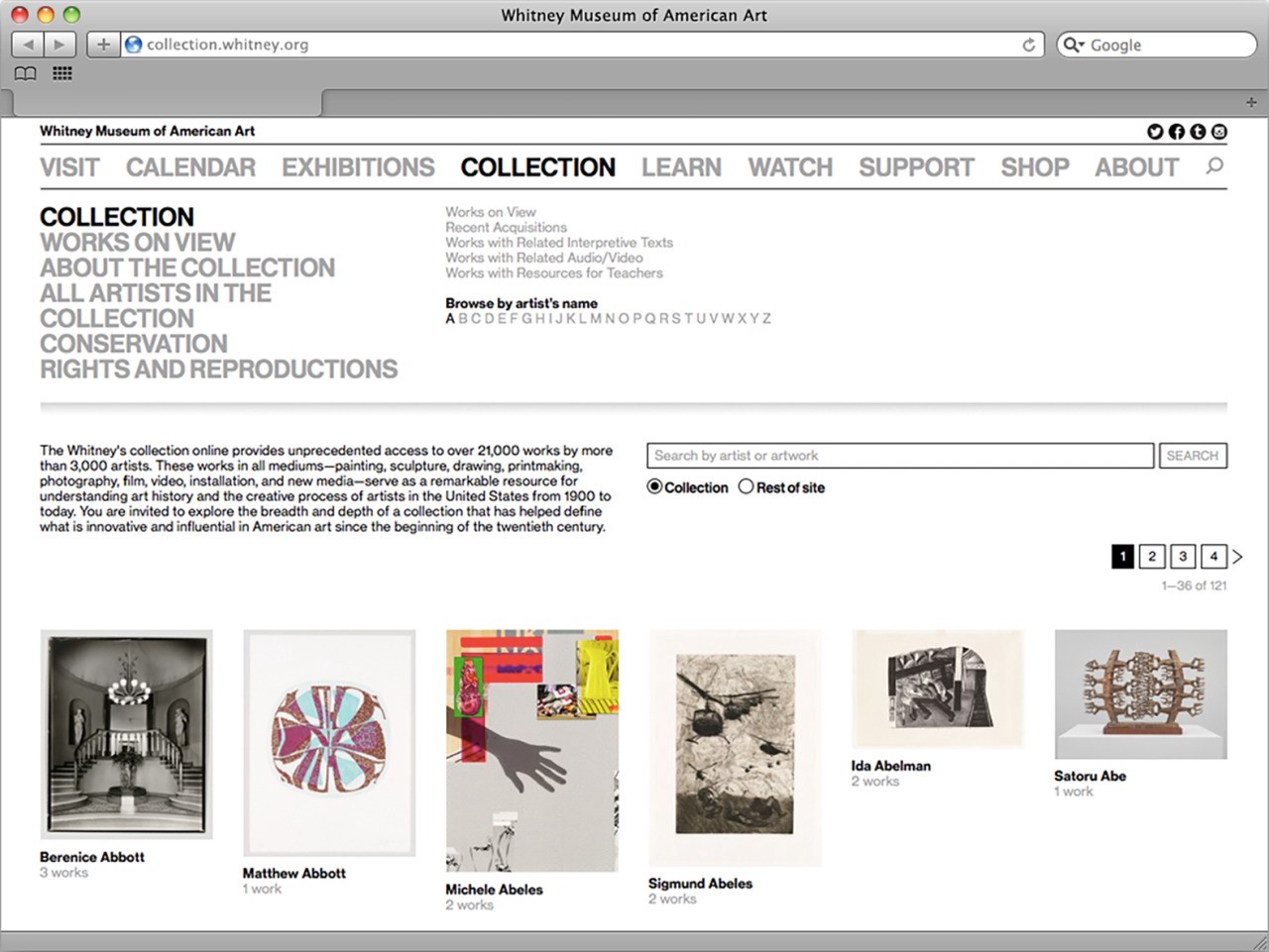 Screenshot of an older version of the online collection, in an old mac
 browser.