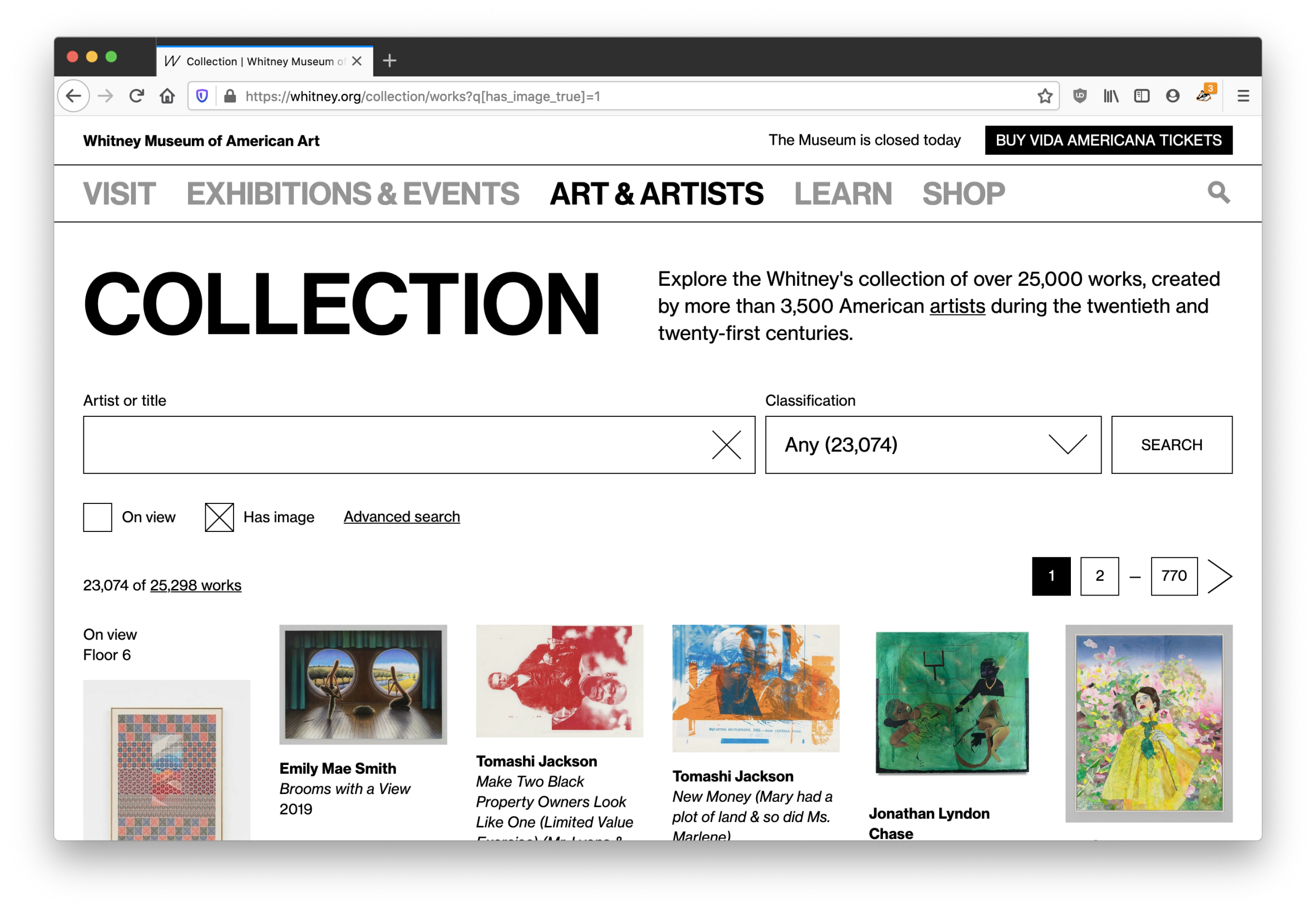 Screenshot of the whitney.org collection screen, with a search bar and a number of artworks visible.