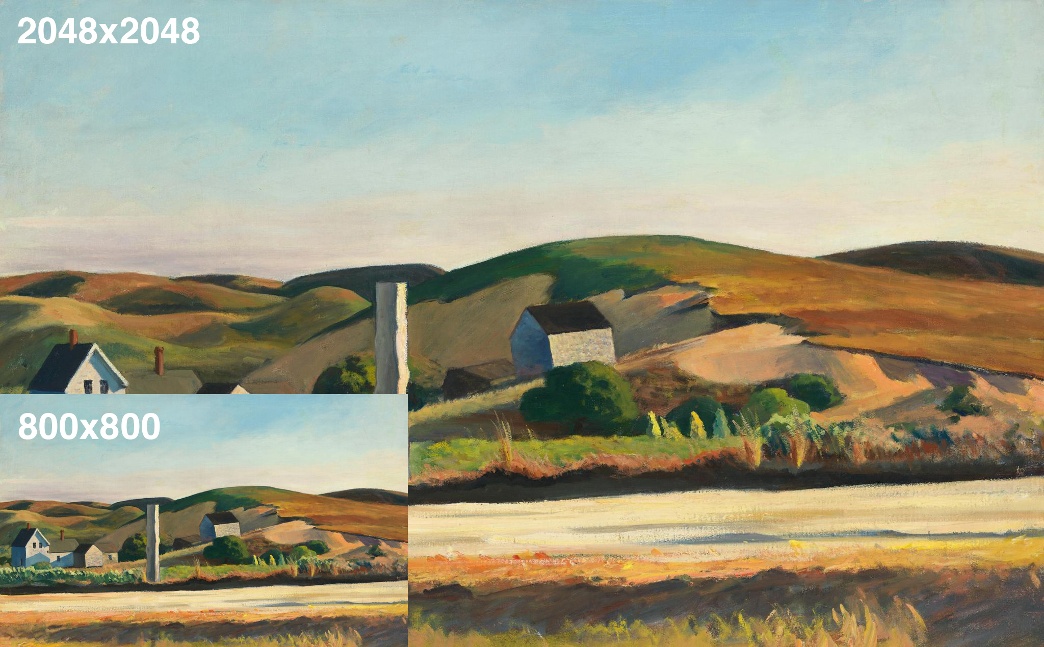One smaller image of a Hopper painting of houses and rolling hills labeled 800x800 overlays a much larger one labeled 2048x2048.