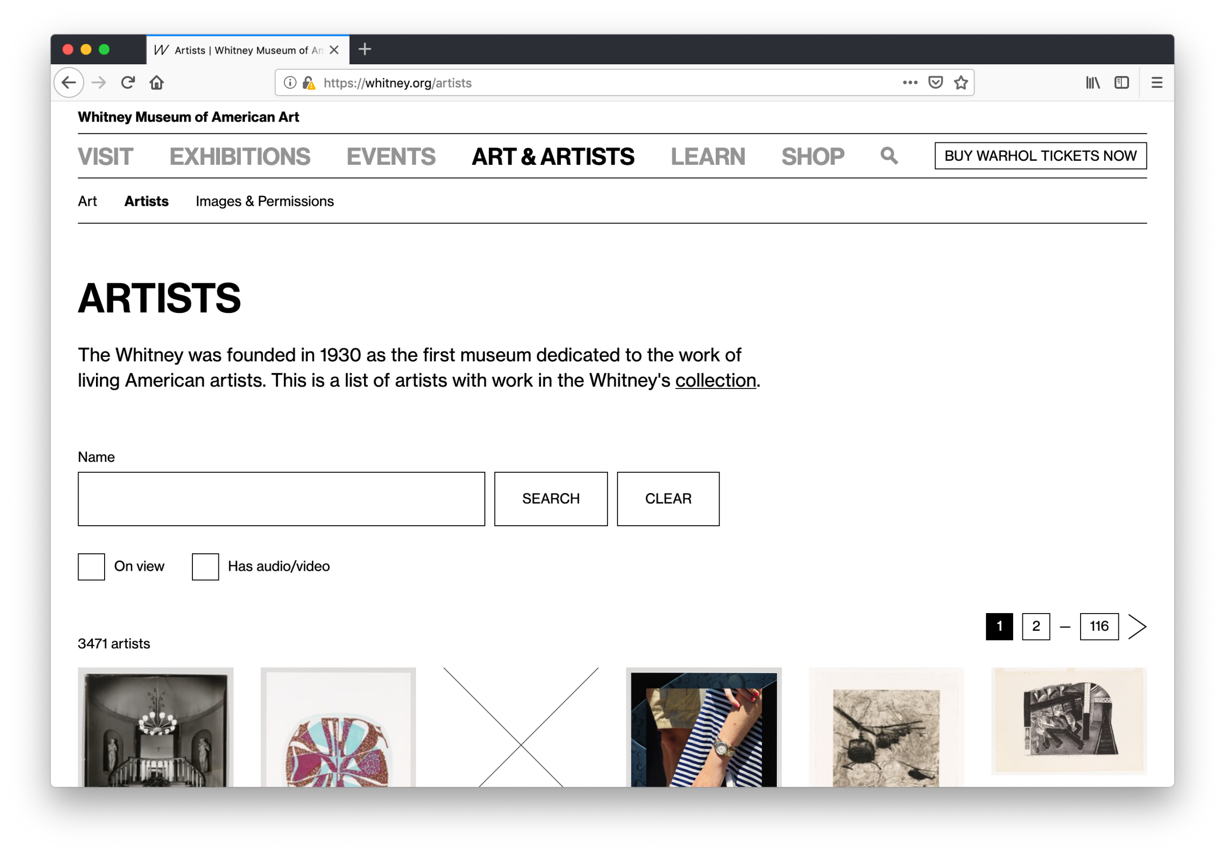 Screenshot of a new page titled Artists on whitney.org.