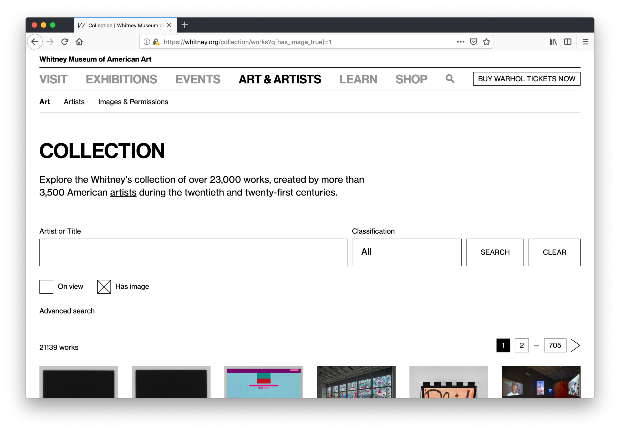 Screenshot of a new page titled Collection on whitney.org.