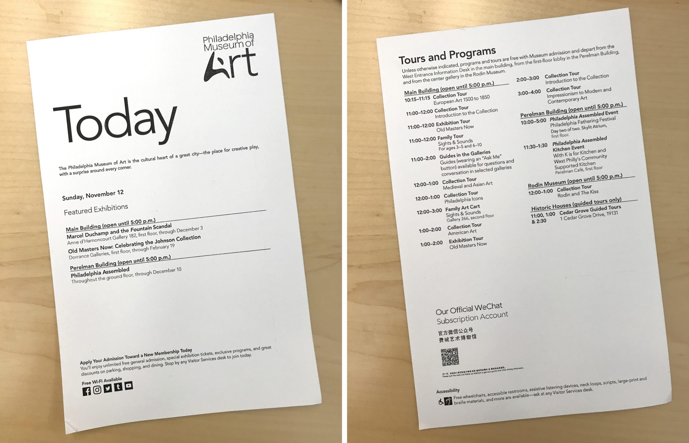 Diptych of the front and back of a paper pamphlet listing all the tours and programs at the Philadelphia Museum of Art today.