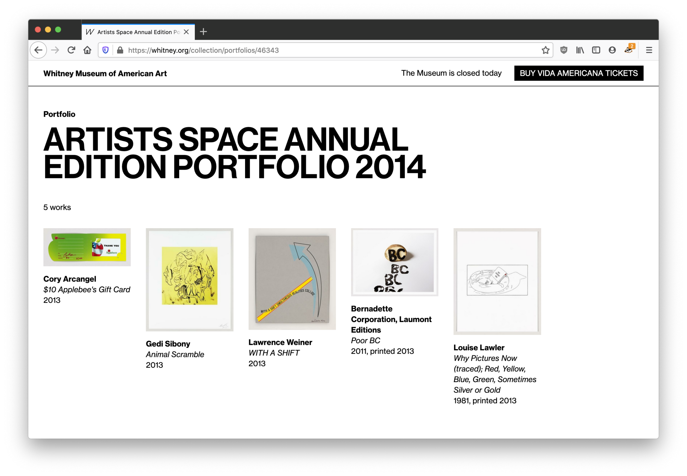 Screenshot of Artists Space Annual Edition Portfolio 2014 on the whitney.org online collection, with 5 works visible.
